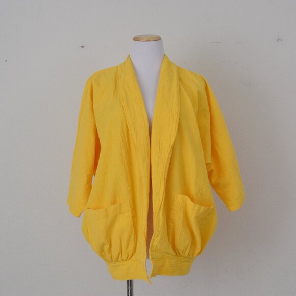 Vintge 80s Bright Yellow All Cotton‎ Blazer Coat size L - Picture 3 of 10